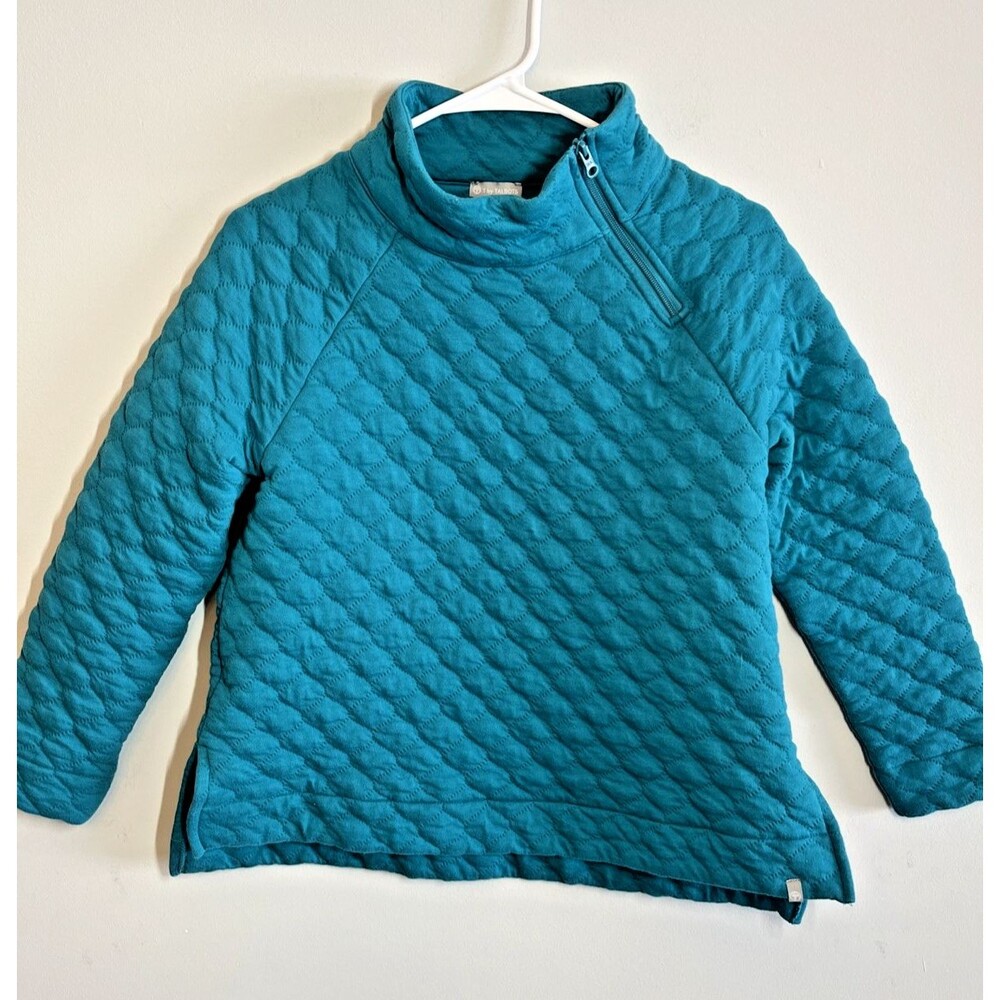 Talbots Quilted Funnel Neck Zipper Pullover Sweater Size Medium Petite Teal Blue